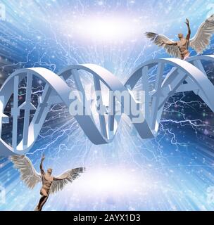 DNA-Strang in Energie platzt. Engel fliegen herum Stockfoto
