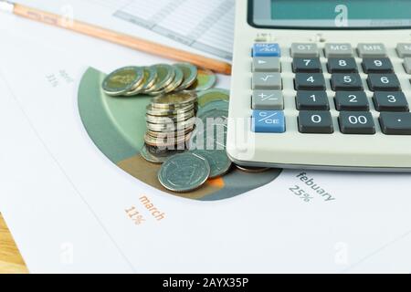 Der Münzstapel mit Geschäftspapierdiagrammen und Bleistift mit Diagrammen Bericht, Rechner, Konzept der Berechnung von Ausgaben, Einkommen und Ausgaben. Stockfoto