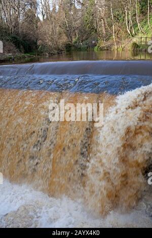 Dean Village, Edinburgh, Schottland, Großbritannien. Februar 2020. Sonnenschein und Duschen den ganzen Tag über mit einem lebhaften Wind. Außergewöhnlich starker Regen über Nacht und ein sehr schnell fließender Wasserfall auf Dem Wasser von Leith direkt neben dem Dean Village. Der Fluss fließt 24 km von seiner Quelle in den Pentland Hills am historischen Well Court vorbei und schlängelt sich durch das Herz der schottischen Hauptstadt bis zu seinem Abfluss in den Firth of Forth bei Leith. Stockfoto