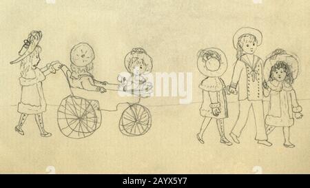 Kinder laufen stilvoll. Gezeichnet mit Bleistift im späten 19. Jahrhundert von einem viktorianischen Kind, das in England lebt. Ein Mädchen schiebt zwei Jugendliche in einen Kinderwagen und ein Matrosenjunge hält zwei jüngere Mädchen an der Hand. Stockfoto