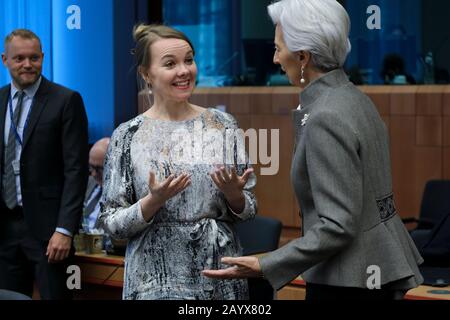Brüssel, Belgien. Februar 2020. Der finnische Finanzminister Katri Kulmuni nimmt an einem Treffen der Finanzminister der Eurozone teilnehmen. Credit: Alexandros MICHAILIDIS/Alamy Live News Stockfoto