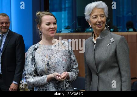 Brüssel, Belgien. Februar 2020. Der finnische Finanzminister Katri Kulmuni nimmt an einem Treffen der Finanzminister der Eurozone teilnehmen. Credit: Alexandros MICHAILIDIS/Alamy Live News Stockfoto