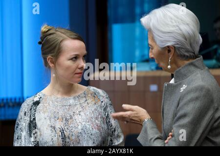 Brüssel, Belgien. Februar 2020. Der finnische Finanzminister Katri Kulmuni nimmt an einem Treffen der Finanzminister der Eurozone teilnehmen. Credit: Alexandros MICHAILIDIS/Alamy Live News Stockfoto