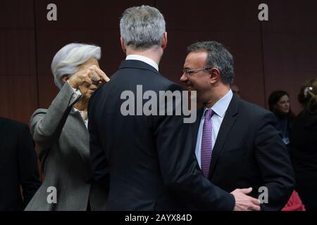 Brüssel, Belgien. Februar 2020. Der griechische Finanzminister Christos Staikouras nimmt an einem Treffen der Finanzminister der Eurozone teilnehmen. Credit: Alexandros MICHAILIDIS/Alamy Live News Stockfoto
