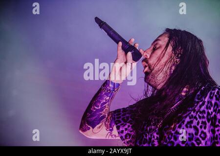 Kopenhagen, Dänemark. Februar 2020. Die australische Deathcore-Band Thy Art Is Murder führt ein Live-Konzert im Amager Bio in Kopenhagen durch. Hier ist Sänger Chris McMahon live auf der Bühne zu sehen. (Foto Credit: Gonzales Foto/Alamy Live News Stockfoto