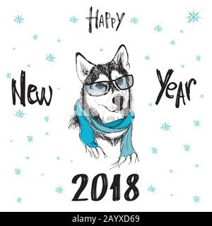 Modischer Hund mit Brille und Schal, Winter- und Neujahrskarte 2018, handgezeichnete Stock-Vektor-Illustration Stock Vektor