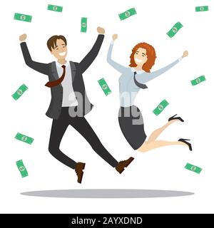 Erfolgreiche kaukasische Geschäftsleute springen und Banknotizen, isoliert auf weißem Hintergrund, Cartoon-Vektor-Illustration Stock Vektor