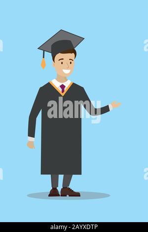 Glücklicher kaukasischer männlicher Absolvent in Mantel und Abschlusskappe. Freudiger Absolvent, der den Abschluss feiert. Konzept der Bildung. Cartoon Vector Illustration. Stock Vektor