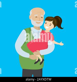 Glücklicher Großvater hält eine Enkelin in seinen Armen, isoliert auf blauem Hintergrund, Cartoon-Vektor-Illustration Stock Vektor
