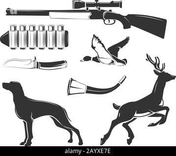 Vektorelemente für Vektoretiketten, Logos, Embleme für alte Jagdclubs. Emblemabzeichen für die Jagd, Logo Element Huntong Club Illustration Stock Vektor