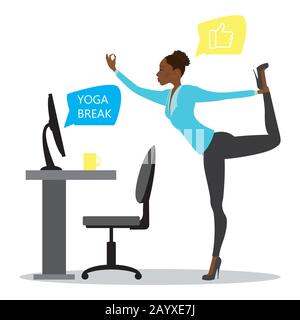 afroamerikanische Geschäftsfrau in Yoga-Pose im Büro bei der Arbeit, Yoga-Pause, Cartoon Stock Vector Illustration Stock Vektor