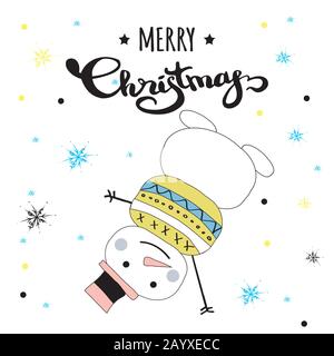Schneemann steht auf der Hand, eine lustige und fröhliche Winterweihnachtskarte, handgezeichnete Vektorgrafiken Stock Vektor