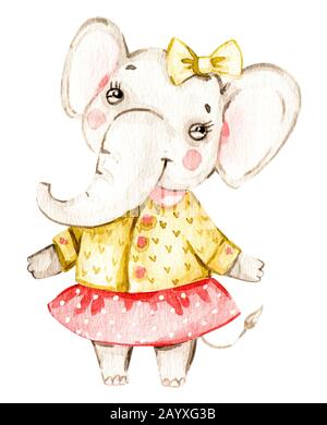 Niedliche Baby-Mädchen Elefantentier-Tier isolierte Illustration für Kinder. Böhmisches Aquarell boho Waldelefant in Kleidung Aquarell Bild. Perf Stockfoto