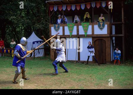 Kämpfen von Rittern bei einer Nachstellung im 14. Jahrhundert auf der Camlann Medieval Fair in der Nähe von Carnation im US-Bundesstaat Washington. Stockfoto