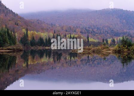 Herbstszene mit bunten Bäumen, die sich im Lac-Monroe-See, Mont-Tremblant-Nationalpark, in den Laurentians in der Provinz Quebec, Kanada widerspiegeln. Stockfoto