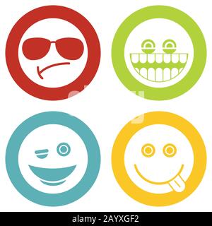 Emoji, Emoticons weiße Symbole. Set mit Smiley in Farbe. Vektorgrafiken Stock Vektor