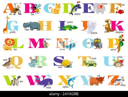 Englisches Alphabet für Kinder mit niedlichen Tieren. Poster für Vektor-Buchstaben für Vorwahlgeräte Stock Vektor