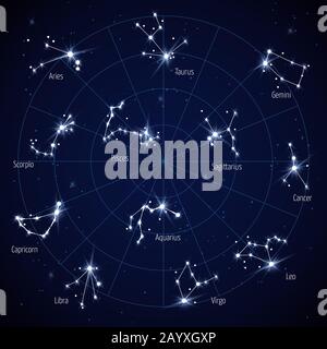 Vektorhimmel Sternkarte mit Sternbildern. Satz der Konstellation in der Raum-Nacht-Abbildung Stock Vektor