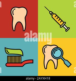 Zahnmedizin medizinische Cartoon-Symbole auf Farbhintergrund. Farbige Zahnelemente. Vektorgrafiken Stock Vektor