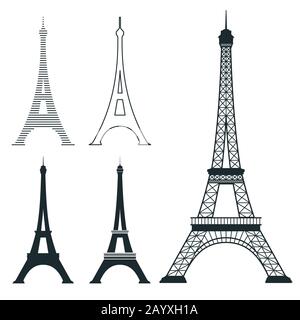 Verschiedene eiffelturm-vektor-Orientierungspunkte gesetzt. Französisches Architekturdenkmal, berühmte romantische Platzillustration Stock Vektor