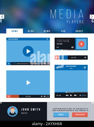 Webseite des Vektorbrowsers mit Benutzeroberfläche und Navigation für den Videoplayer. Vorlagenwebsite mit Videoplayer, Illustrationswebseite und Player-Schnittstelle für Video Stock Vektor