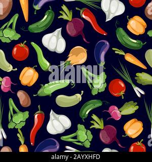 Verschiedene Gemüsesorten mit nahtlosem Muster auf schwarzem Hintergrund. Muster mit farbigem Gemüse und Illustration von Erntegemüse Stock Vektor