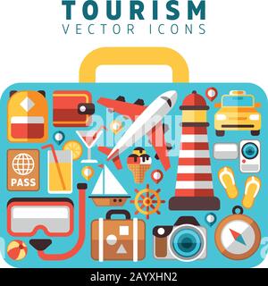 Urlaubsferienkonzept mit flachen Tourismus-Vektorsymbolen in Kofferform. Ikonen Strandurlaub, Illustration von Accessoires für den Urlaub Stock Vektor