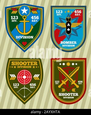 Spezialeinheit Militärarmee und Marine Patches, Embleme Vector Set. Abzeichen für militärische Division und Insignien-Militär für Armee-Vektor-Illustration Stock Vektor