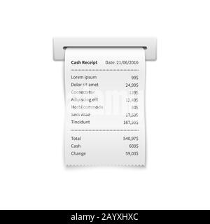 Verkaufsbeleg, Einkaufspapierrechnung atm Vector Mockup. Papiercheck und Finanzcheck isoliert Stock Vektor