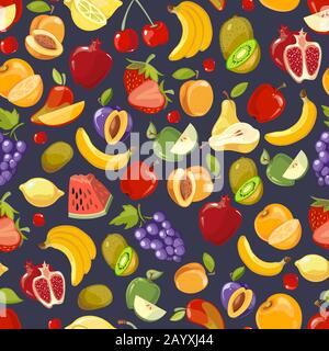 Vector Seamless Muster mit süßen hellen Sommerfrüchten. Trauben- und Erdbeerfrucht. BlackBerry- und apfelmuster aus der Obstillustration Stock Vektor