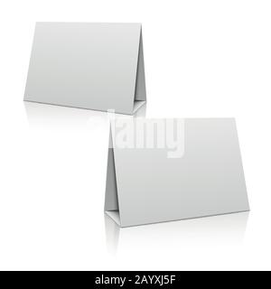 Leere weiße Papierständer-Tischhalterkarte. 3D-Vektor-Designvorlage. Einsteckplatzhalter für Broschüre oder Karte, Abbildung horizontales Poster Stock Vektor