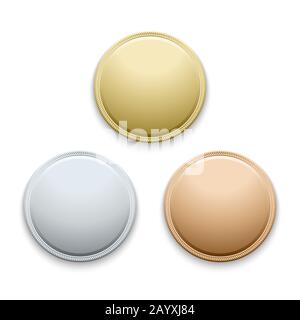 Runde leere polierte Gold-, Silber-, Bronze-, Medaillen-, Münzen-Vektor-Vorlage. Leere Vorlage für Medaille und Illustration runde Goldmedaille Stock Vektor