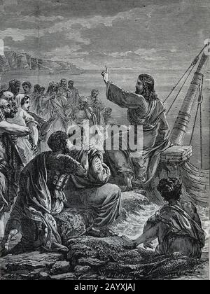 Mattheo-Gospel, 13. Jesus predigt an der Küste. Gravur, 19. Jahrhundert. Stockfoto