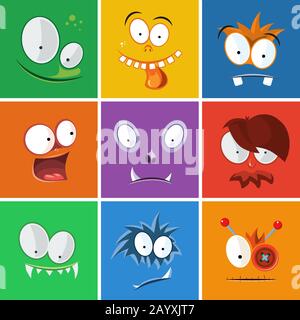 Cartoon lustige Gesichter mit Emotionen. Vektorsatz für Monster-Ausdrücke. Expression Icon Monster und Emotion Lustiges Gesicht von Charakter Monsterillustration Stock Vektor