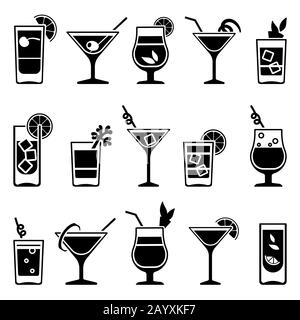 Cocktails und Getränke sind schwarze Symbole. Cocktailalkohol und Cocktail mit Strohhalm- und Obstilzeichnung Stock Vektor