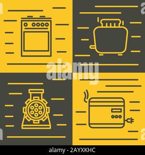Haushaltsgeräte Symbole in Linienform auf gelbem und braunem Hintergrund. Vektorgrafiken Stock Vektor