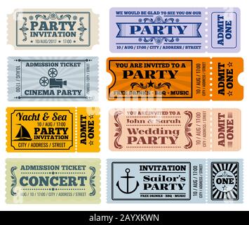 Vintage Tickets und Coupons für Unterhaltung, Party und Kino. Eintrittskarte für Partyhochzeit und Eintrittskarte für Unterhaltungsillustration Stock Vektor