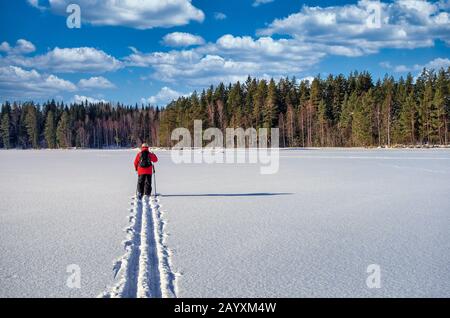 Einsamer Skilangläufer auf einem See Stockfoto