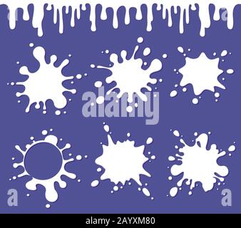 Vektormilch, Joghurt, cremefarbene Blots mit Spritzer Tropfen. Abbildung: Spritzer aus flüssiger Frischmilch und Joghurt oder Milchcreme Stock Vektor