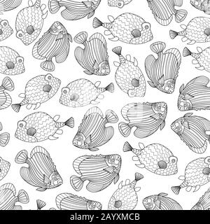 Nahtloses Muster mit dekorativem Fisch im Doodle-Stil, isoliert auf weißem Hintergrund. Vector Coral Reef Fish Outline Illustration Stock Vektor