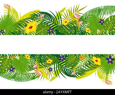 Vector leeres Banner mit tropischem Blumenlaub. Exotische Blumenblatt und Blume. Sommerliches tropisches Blatt mit Palmenabbildung Stock Vektor