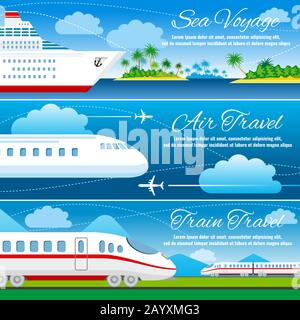 Horizontale Vektorbanner für Sommerfahrten mit Flugzeug, Zug und Schiff Stock Vektor