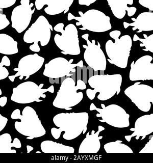 Nahtloses Muster mit weißem Fisch im Doodle-Stil, isoliert auf schwarzem Hintergrund. Vector Coral Reef Fish Outline Illustration. Stock Vektor