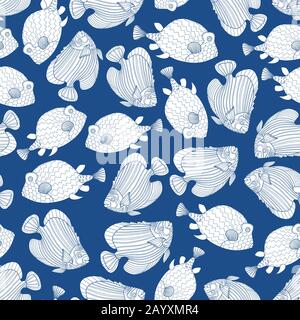 Nahtloses Muster mit weißem Fisch im Doodle-Stil, isoliert auf trendigen blauen Hintergrund. Vector Coral Reef Fish Outline Illustration. Stock Vektor