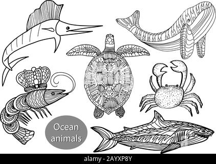 Set mit Meerestieren im Doodle-Stil, isoliert auf weißem Hintergrund. Vector Outline Illustration.Marlin Fish,Turtle, Shrimp,Hai,Wal,Krabben. Stock Vektor