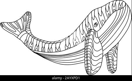 Wal in handgezeichneter Doodle-Art isoliert auf weißem Hintergrund. Malbuch für Erwachsene und Kinder. Darstellung der Umrisse von Vektorgrafiken. Meerestier. Stock Vektor