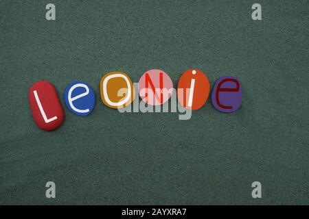 Leonie, weiblicher Vorname, der mit farbigen Steinbuchstaben über grünem Sand besteht Stockfoto