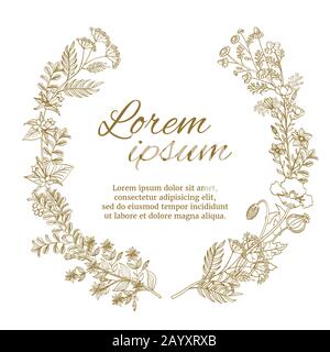 Hochzeitskranz mit wilden Blumen und Kräutern. Blumenkranz und Blumenkranz. Vector Vintage Illustration Stock Vektor