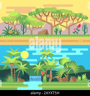 Tropische Waldlandschaften zeigen flache Abbildungen. Landschaft mit Fluss und Palme, Illustration der Naturlandschaft im flachen Design Stock Vektor
