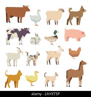 Haustiere und Nutztiere Vektor-Flat-Icons gesetzt. Polygonale Tierhühne und -Rind, Lamm und Ente, Illustrationsfigur farbiges Nutztier Stock Vektor